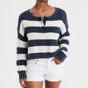 American Eagle Outfitters Navy and White Striped Henley Sweater